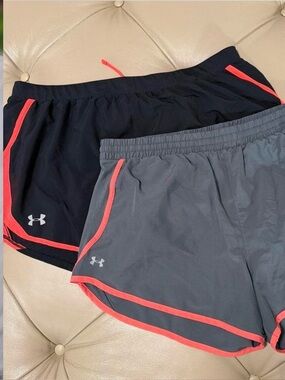 Under Armour Women’s 2 pair black & Gray Athletic Shorts with Coral Trim